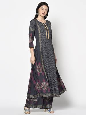 Rayon block print anarkali kurta,dark grey,(s,m,l,xl,2xl,3xl) 3