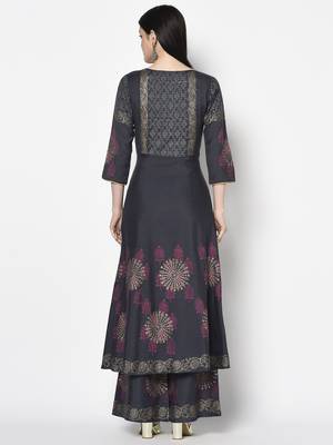 Rayon block print anarkali kurta,dark grey,(s,m,l,xl,2xl,3xl) 4
