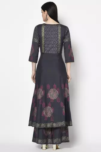 Rayon block print anarkali kurta,dark grey,(s,m,l,xl,2xl,3xl)