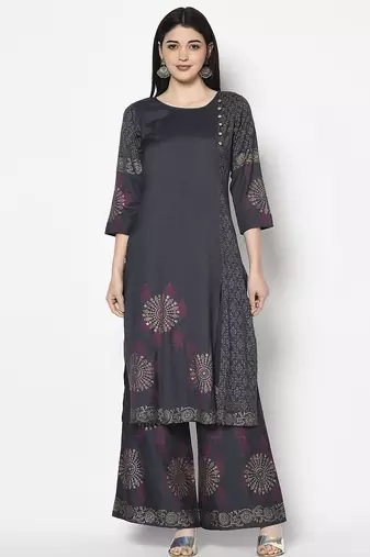 Rayon block print straight kurta palazzo set,dark grey,(s,m,l,xl,2xl,3xl)