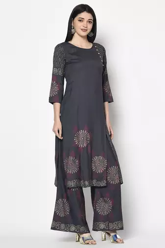 Rayon block print straight kurta palazzo set,dark grey,(s,m,l,xl,2xl,3xl)