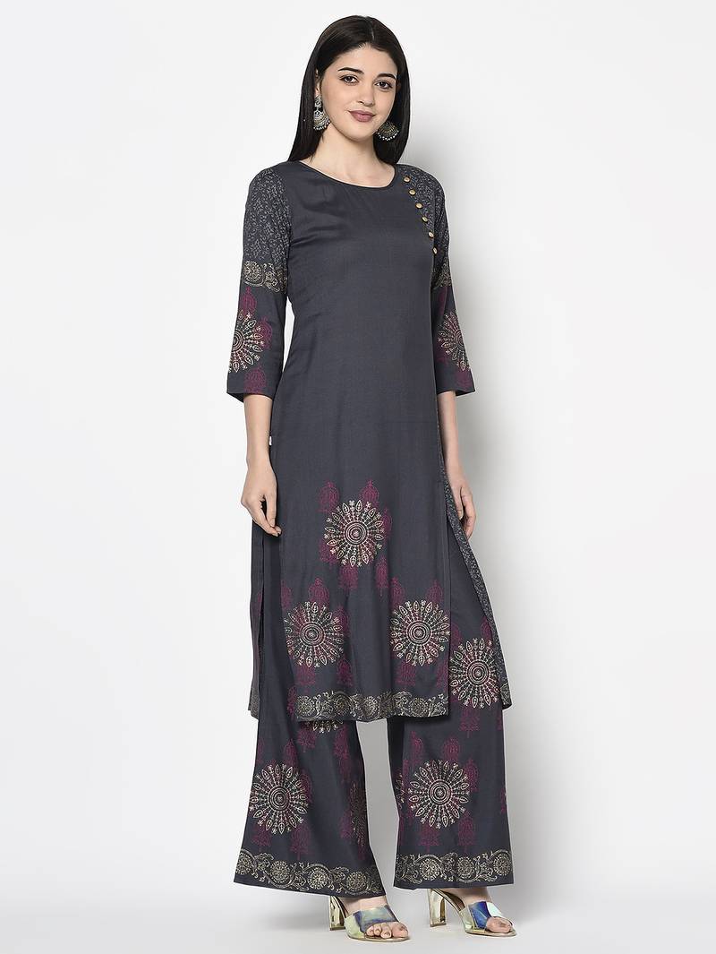 Rayon block print straight kurta palazzo set,dark grey,(s,m,l,xl,2xl,3xl)