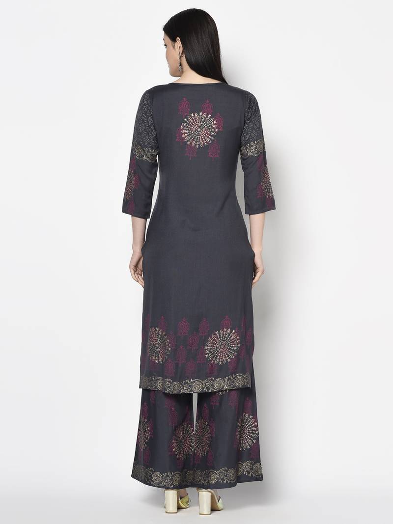Rayon block print straight kurta palazzo set,dark grey,(s,m,l,xl,2xl,3xl)