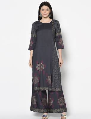 rayon block print straight kurta,dark grey,(s,m,l,xl,2xl,3xl) 1