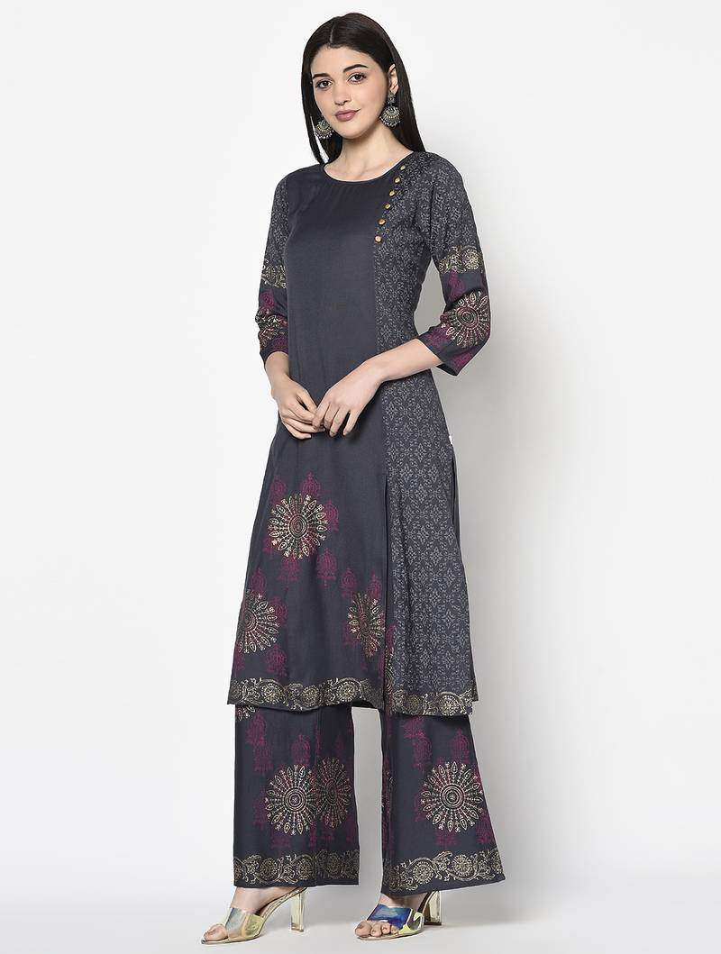 rayon block print straight kurta,dark grey,(s,m,l,xl,2xl,3xl)