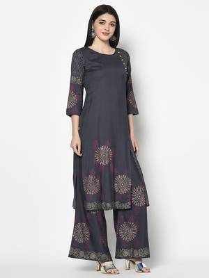 rayon block print straight kurta,dark grey,(s,m,l,xl,2xl,3xl) 3
