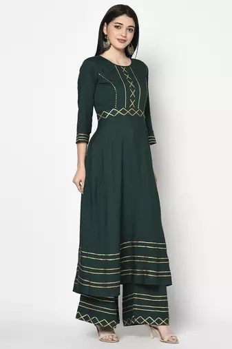 Rayon anarkali palazzo set,bottle green,(s,m,l,xl,2xl,3xl)