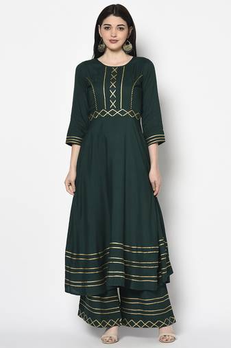 Rayon anarkali kurta bottle green
