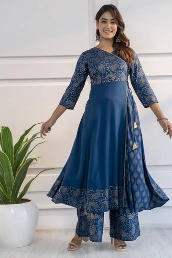 Rayon foil print angrakha anarkali palazzo set blue