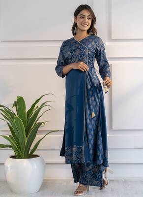 Rayon foil print angrakha anarkali palazzo set,blue,(s,m,l,xl,2xl,3xl) 3
