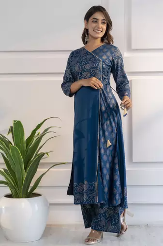 Rayon foil print angrakha anarkali palazzo set,blue,(s,m,l,xl,2xl,3xl)