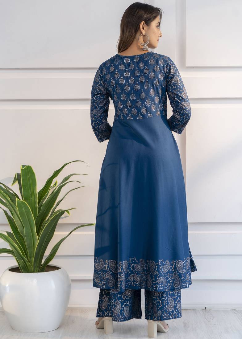 Rayon foil print angrakha anarkali palazzo set,blue,(s,m,l,xl,2xl,3xl)