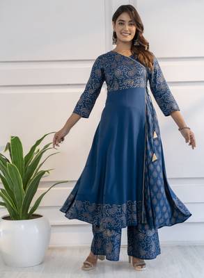 Rayon foil print angrakha anarkali kurta,blue,(s,m,l,xl,2xl,3xl) 1