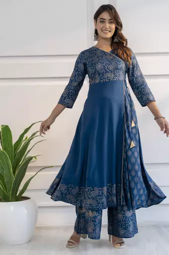 Rayon foil print angrakha anarkali kurta,blue,(s,m,l,xl,2xl,3xl)