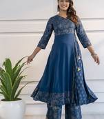 Rayon foil print angrakha anarkali kurta,blue,(s,m,l,xl,2xl,3xl)