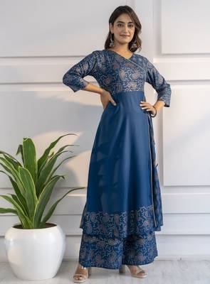 Rayon foil print angrakha anarkali kurta,blue,(s,m,l,xl,2xl,3xl) 2