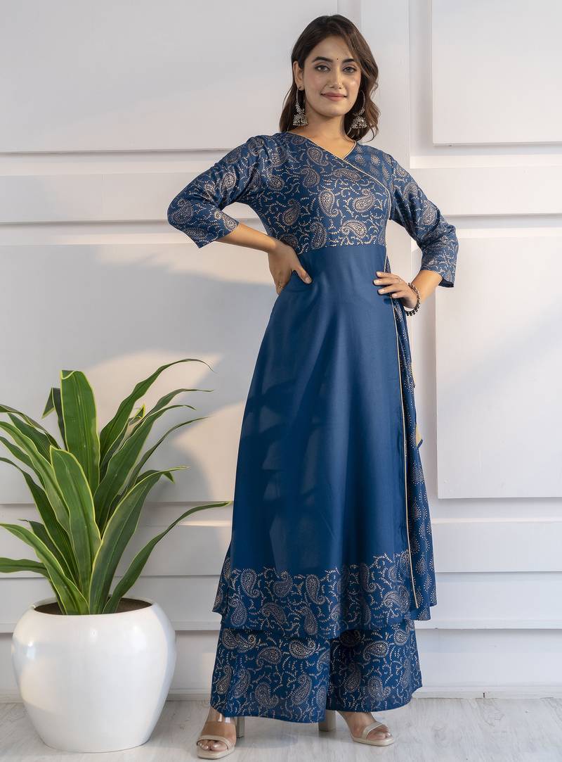 Rayon foil print angrakha anarkali kurta,blue,(s,m,l,xl,2xl,3xl)