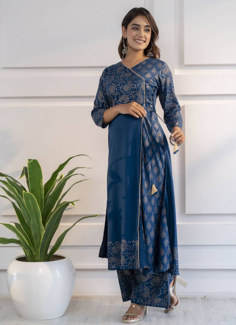 Rayon foil print angrakha anarkali kurta,blue,(s,m,l,xl,2xl,3xl)