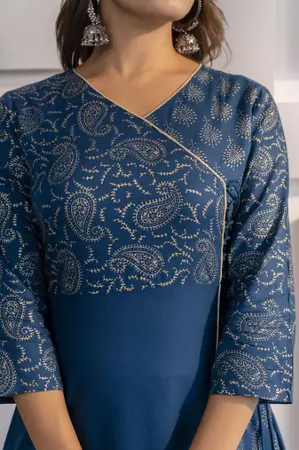 Rayon foil print angrakha anarkali kurta,blue,(s,m,l,xl,2xl,3xl)