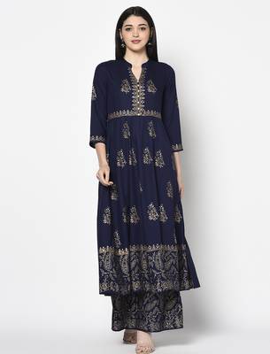 Rayon block print anarkali palazzo set,navy blue,(s,m,l,xl,2xl,3xl) 1