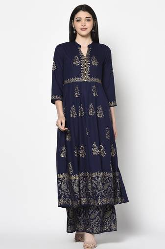 Rayon block print anarkali palazzo set navy blue