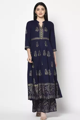 Rayon block print anarkali palazzo set,navy blue,(s,m,l,xl,2xl,3xl)