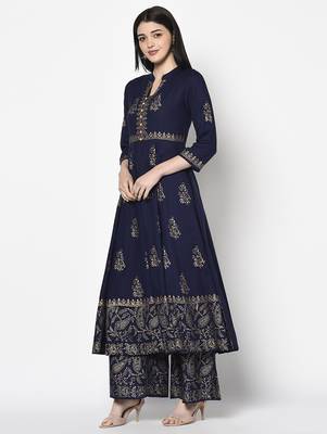 Rayon block print anarkali palazzo set,navy blue,(s,m,l,xl,2xl,3xl) 2