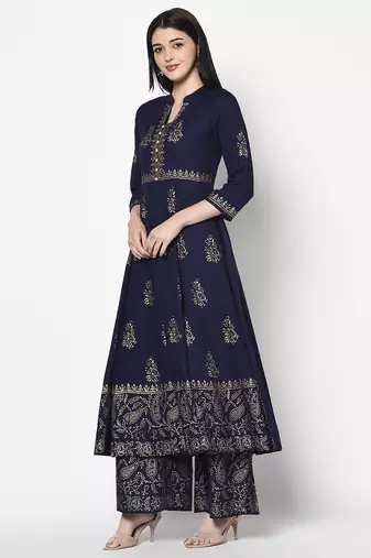Rayon block print anarkali palazzo set,navy blue,(s,m,l,xl,2xl,3xl)