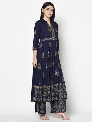 Rayon block print anarkali palazzo set,navy blue,(s,m,l,xl,2xl,3xl) 3