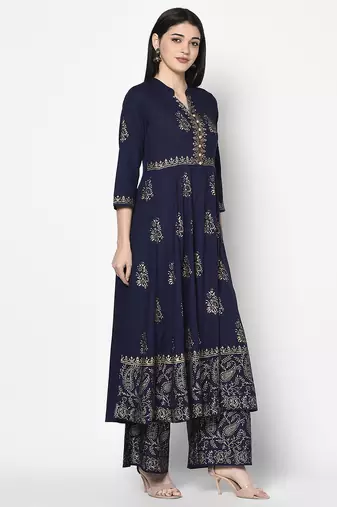 Rayon block print anarkali palazzo set,navy blue,(s,m,l,xl,2xl,3xl)