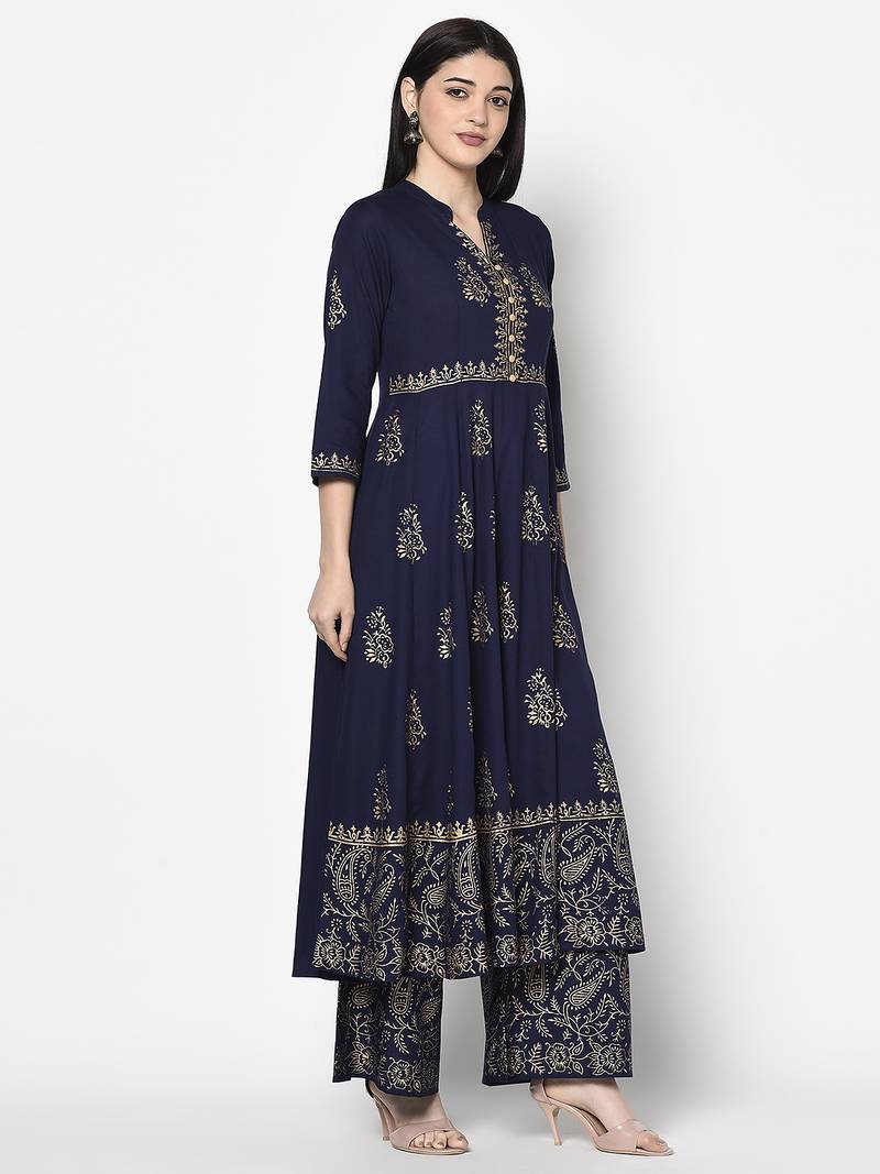 Rayon block print anarkali palazzo set,navy blue,(s,m,l,xl,2xl,3xl)
