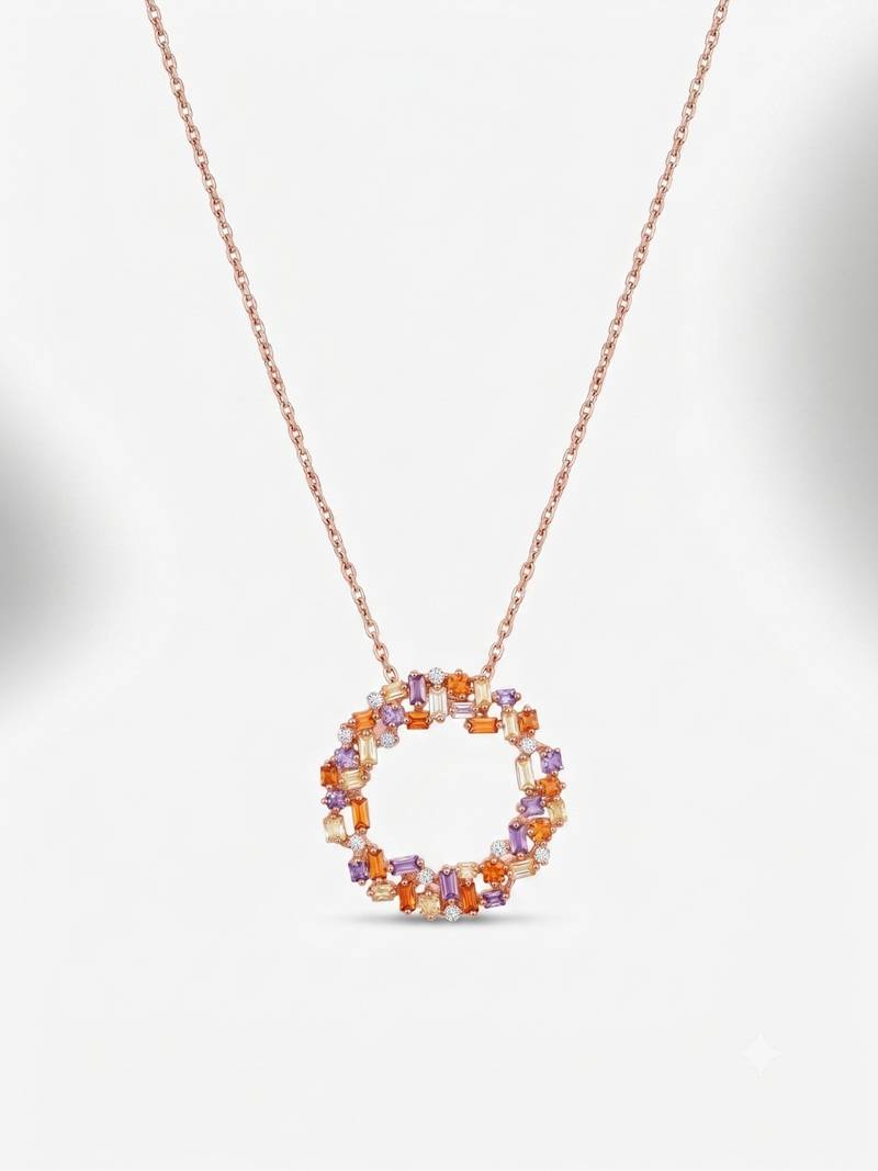  925 Sterling Silver Rose Gold Multicolor Circle Pendant Necklace Set 