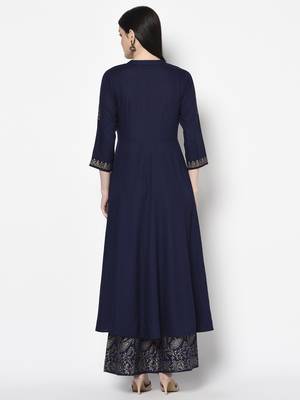 Rayon block print anarkali palazzo set,navy blue,(s,m,l,xl,2xl,3xl) 4