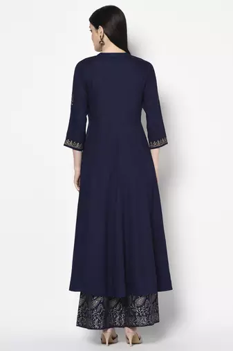Rayon block print anarkali palazzo set,navy blue,(s,m,l,xl,2xl,3xl)