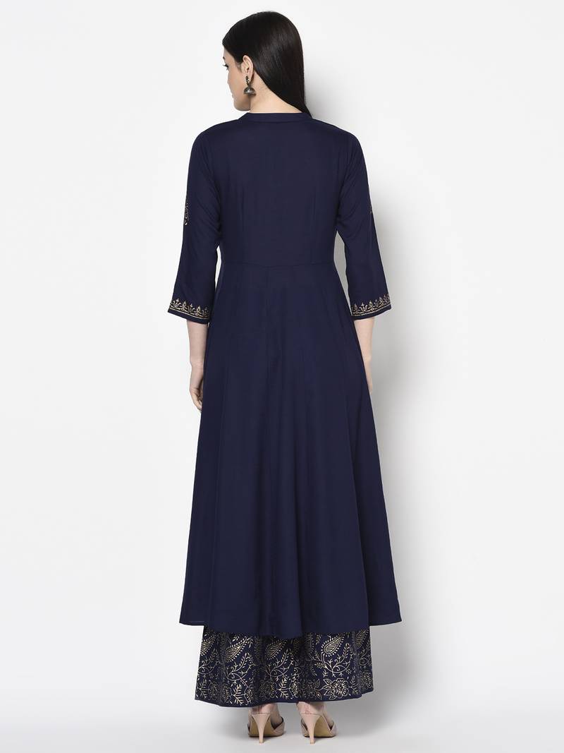 Rayon block print anarkali palazzo set,navy blue,(s,m,l,xl,2xl,3xl)