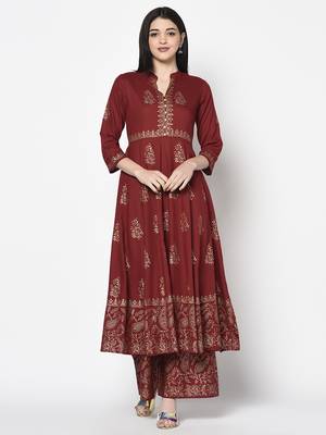 Rayon block print anarkali palazzo set,maroon,(s,m,l,xl,2xl,3xl) 1