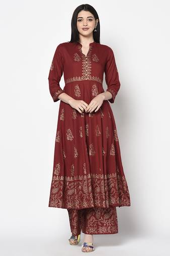 Rayon block print anarkali palazzo set maroon