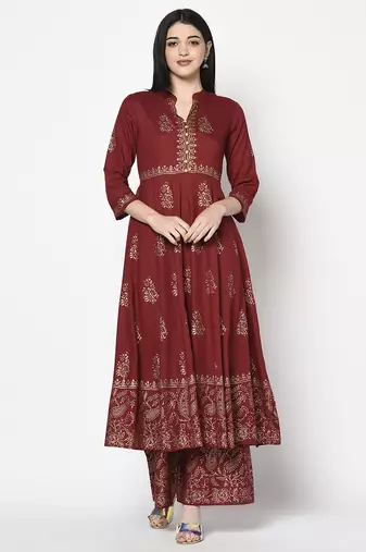 Rayon block print anarkali palazzo set,maroon,(s,m,l,xl,2xl,3xl)