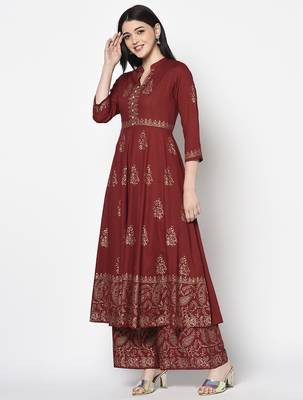 Rayon block print anarkali palazzo set,maroon,(s,m,l,xl,2xl,3xl) 2