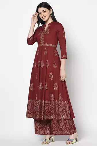 Rayon block print anarkali palazzo set,maroon,(s,m,l,xl,2xl,3xl)