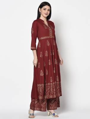 Rayon block print anarkali palazzo set,maroon,(s,m,l,xl,2xl,3xl) 3