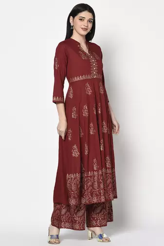Rayon block print anarkali palazzo set,maroon,(s,m,l,xl,2xl,3xl)