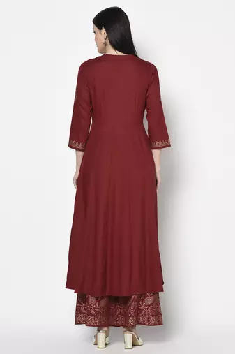 Rayon block print anarkali palazzo set,maroon,(s,m,l,xl,2xl,3xl)