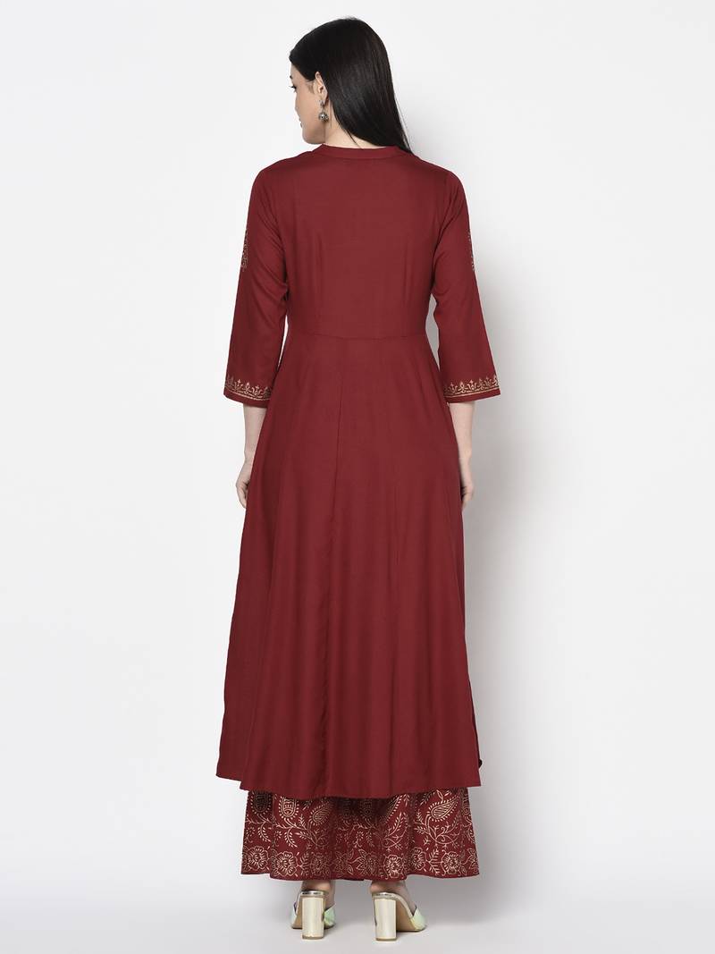 Rayon block print anarkali palazzo set,maroon,(s,m,l,xl,2xl,3xl)