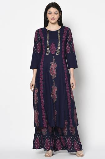 Rayon block print a-line flared long kurta palazzo set with two front slits navy blue