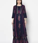 Rayon block print a-line flared long kurta palazzo set with two front slits,navy blue,(s,m,l,xl,2xl,3xl)