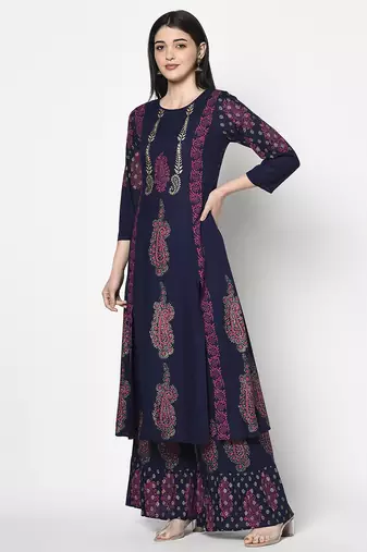 Rayon block print a-line flared long kurta palazzo set with two front slits,navy blue,(s,m,l,xl,2xl,3xl)