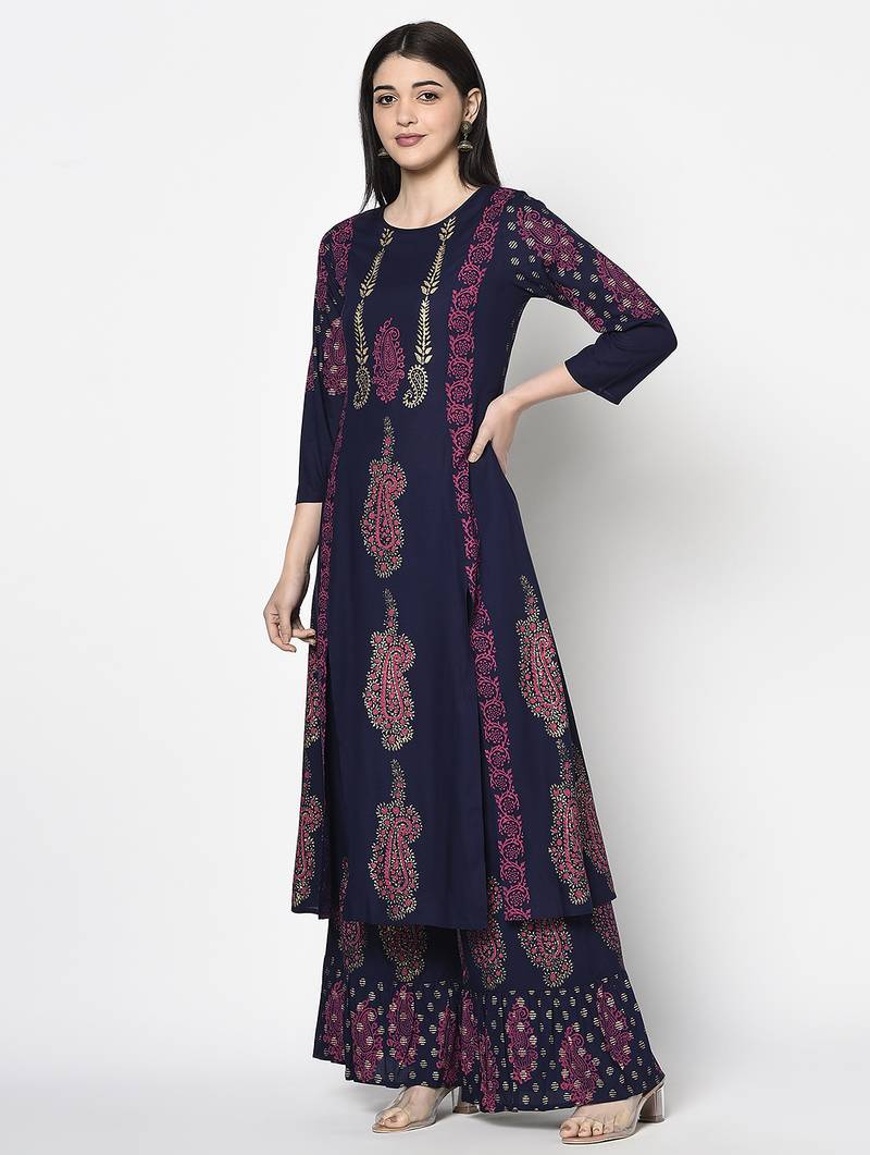 Rayon block print a-line flared long kurta palazzo set with two front slits,navy blue,(s,m,l,xl,2xl,3xl)
