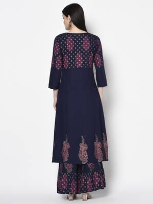 Rayon block print a-line flared long kurta palazzo set with two front slits,navy blue,(s,m,l,xl,2xl,3xl) 4