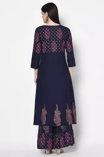 Rayon block print a-line flared long kurta palazzo set with two front slits,navy blue,(s,m,l,xl,2xl,3xl)
